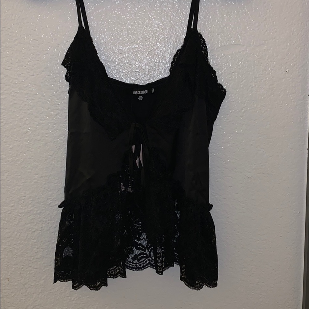 Missguided black satin lace trim tie front top.